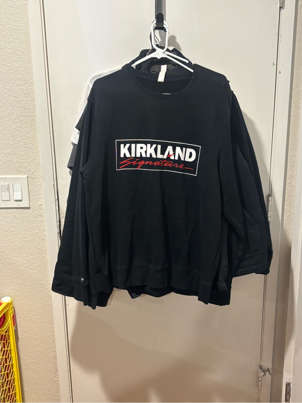Kirkland Signature Black Sweatshirt with White Block Logo and Red Script